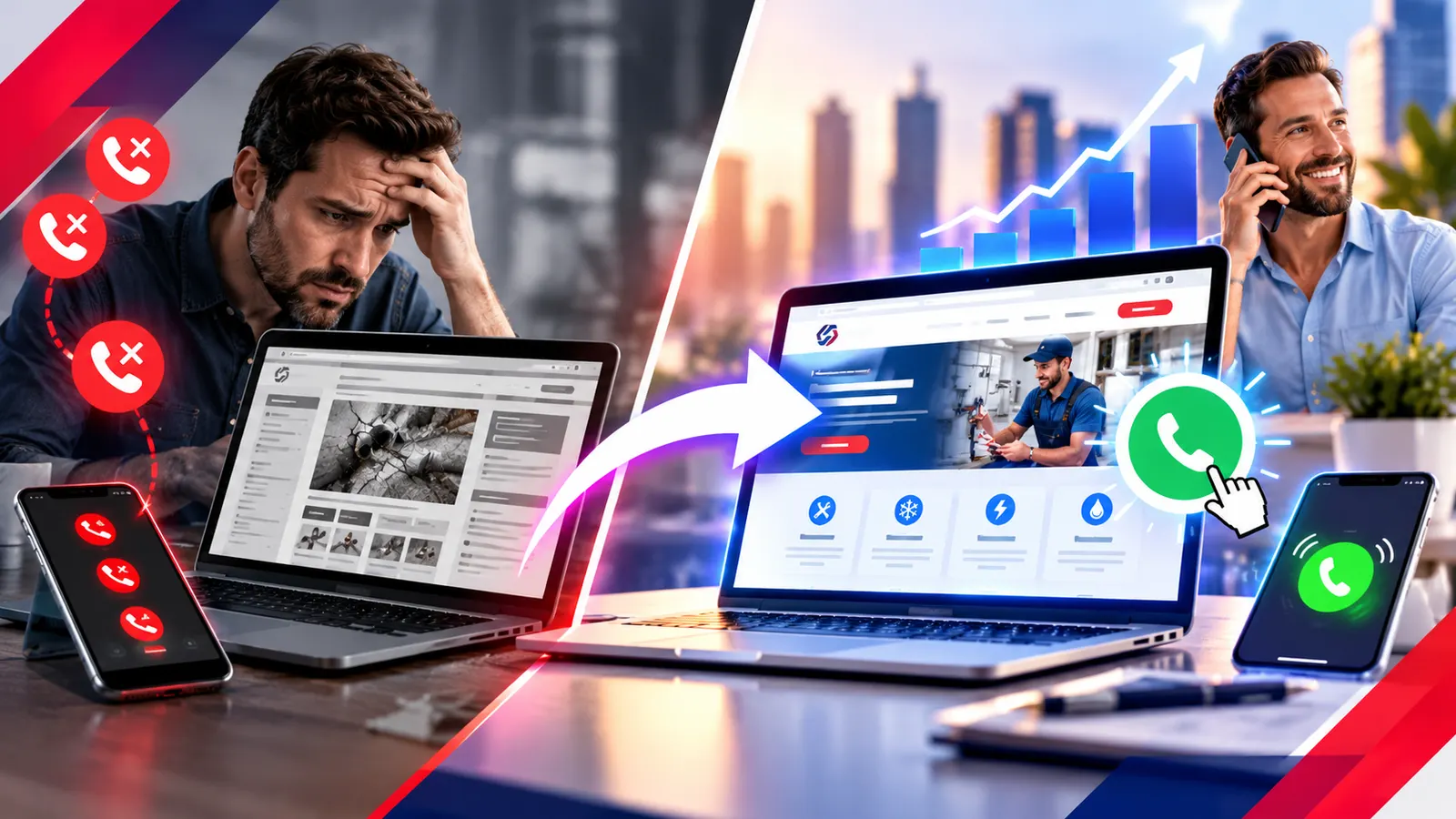 A frustrated owner with missed calls next to a happy owner whose new website brings in calls