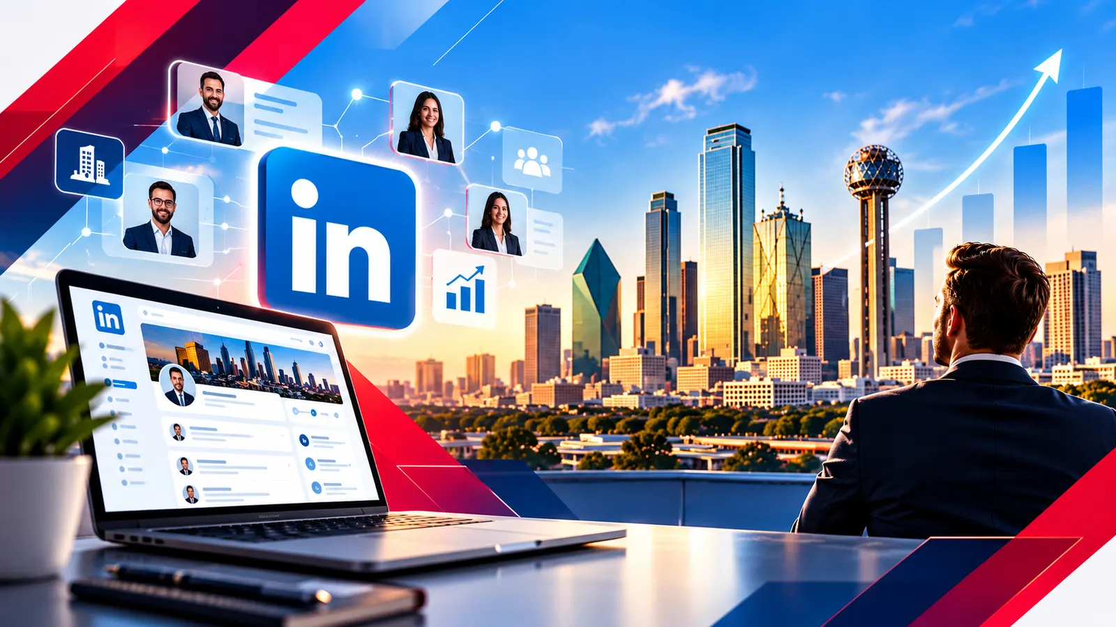 LinkedIn marketing for B2B companies: a business owner reviewing a LinkedIn company page with the Dallas skyline in view